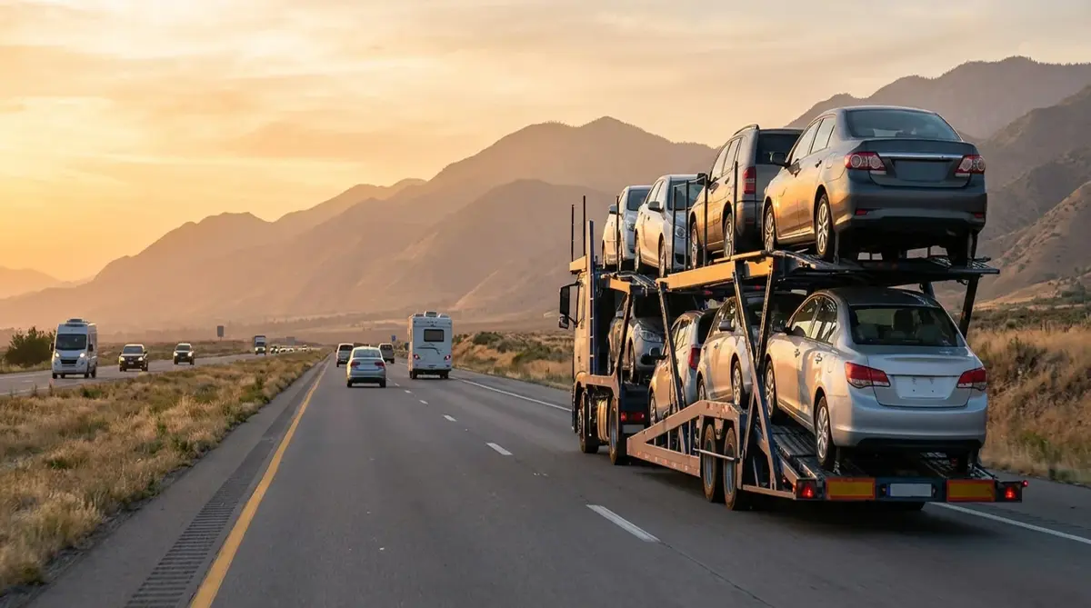Open auto-transport carrier loaded with vehicles on a highway at sunset