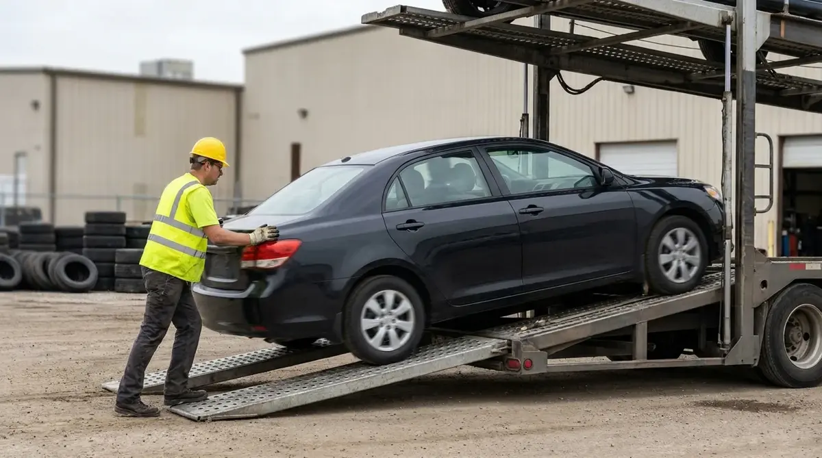 Worker loading a sedan onto an open multi-car carrier