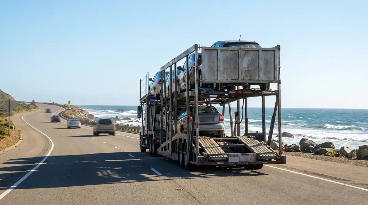 Car-hauler truck on a coastal highway