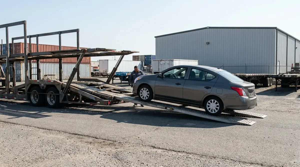 Sedan being driven up the ramp of a car carrier