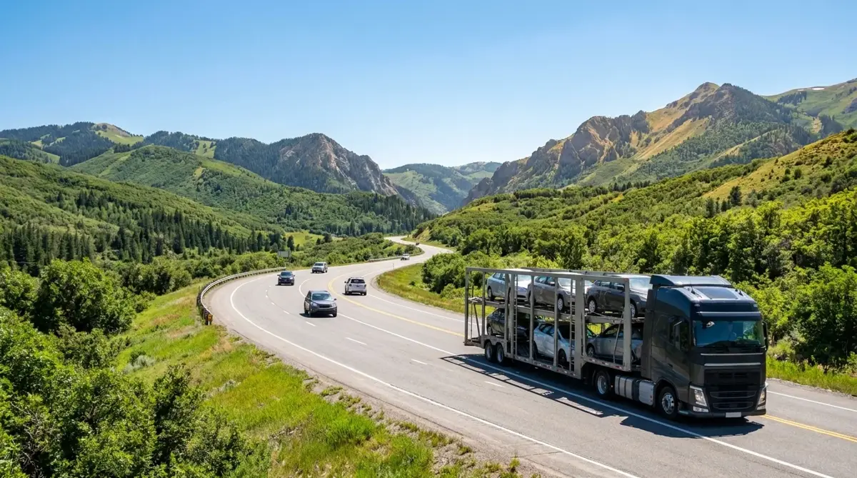 Car carrier driving through a mountain pass
