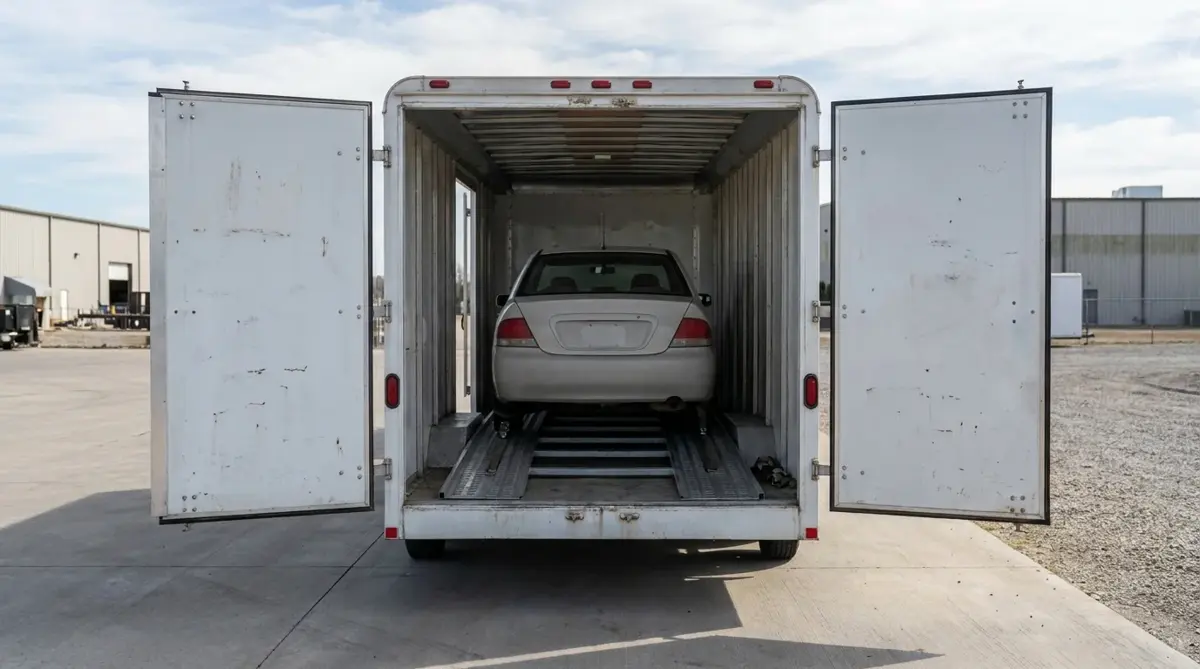 Rear doors of an enclosed auto-transport trailer open