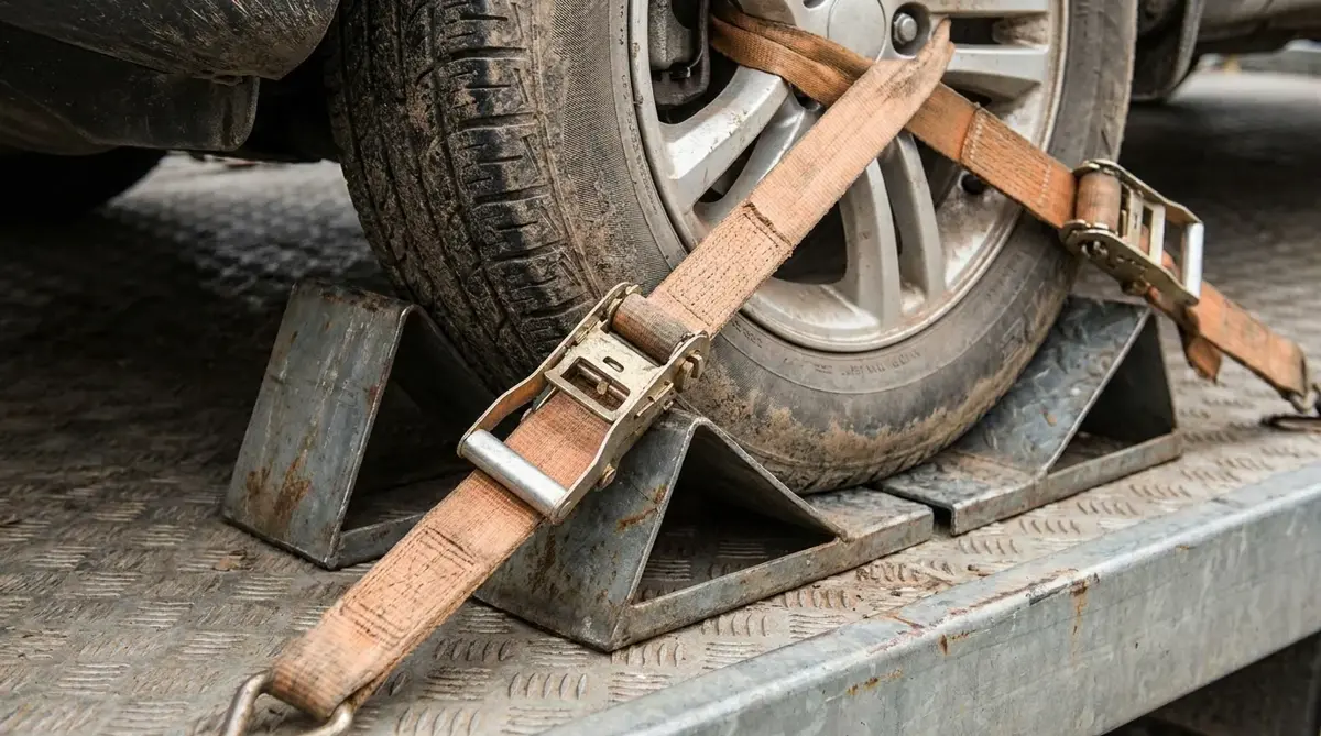 Wheel chocks and straps on a trailer deck