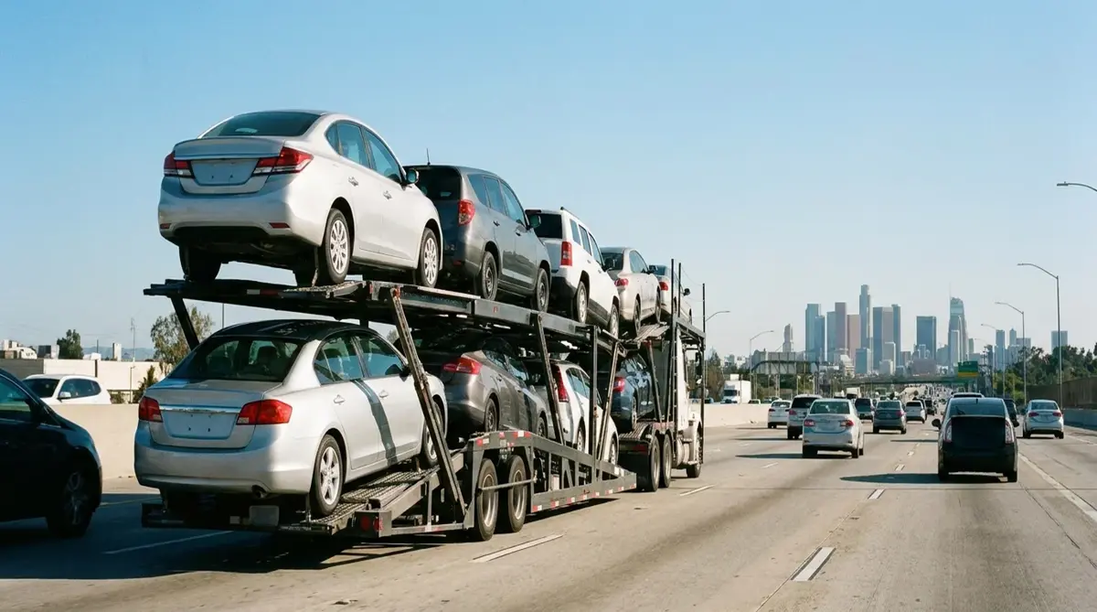 Car carrier on a highway with city skyline behind