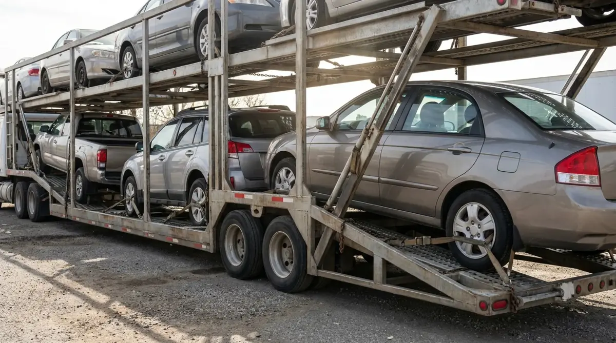 Vehicles secured on the lower deck of an open carrier