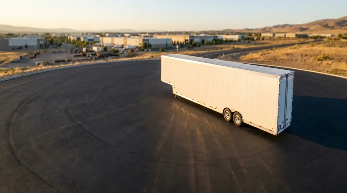 White enclosed car carrier at golden hour