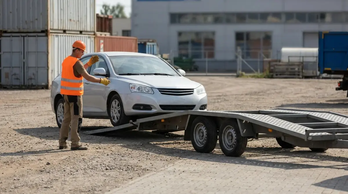 Worker guiding a vehicle onto a transport trailer