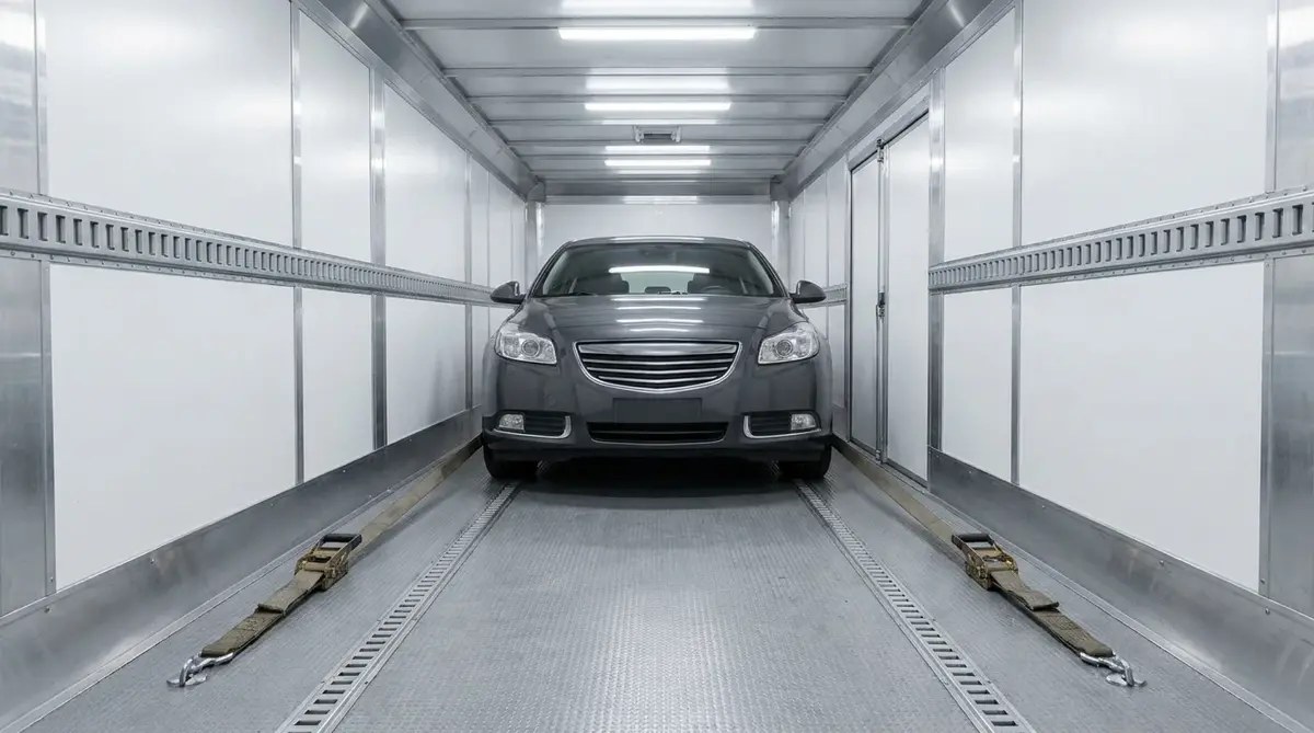 Interior of an enclosed car carrier with a vehicle inside