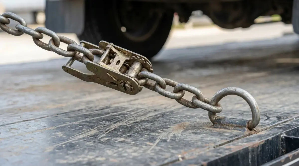 Close-up of a tensioned tie-down chain on a trailer