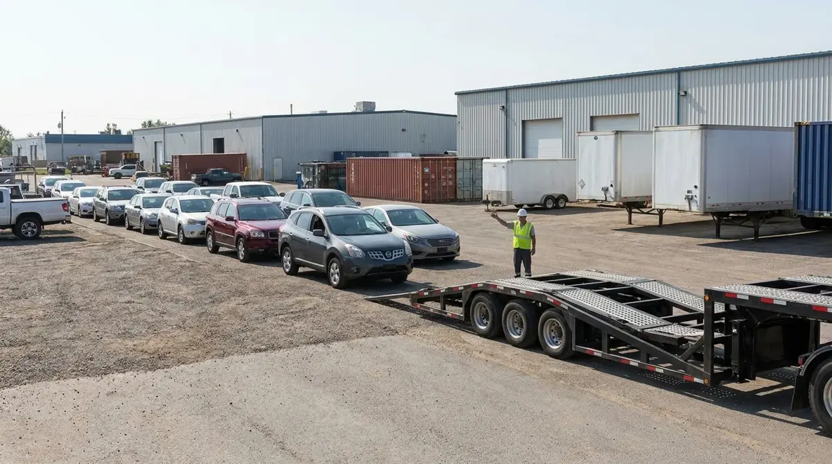 Vehicles lined up waiting to be loaded onto a carrier