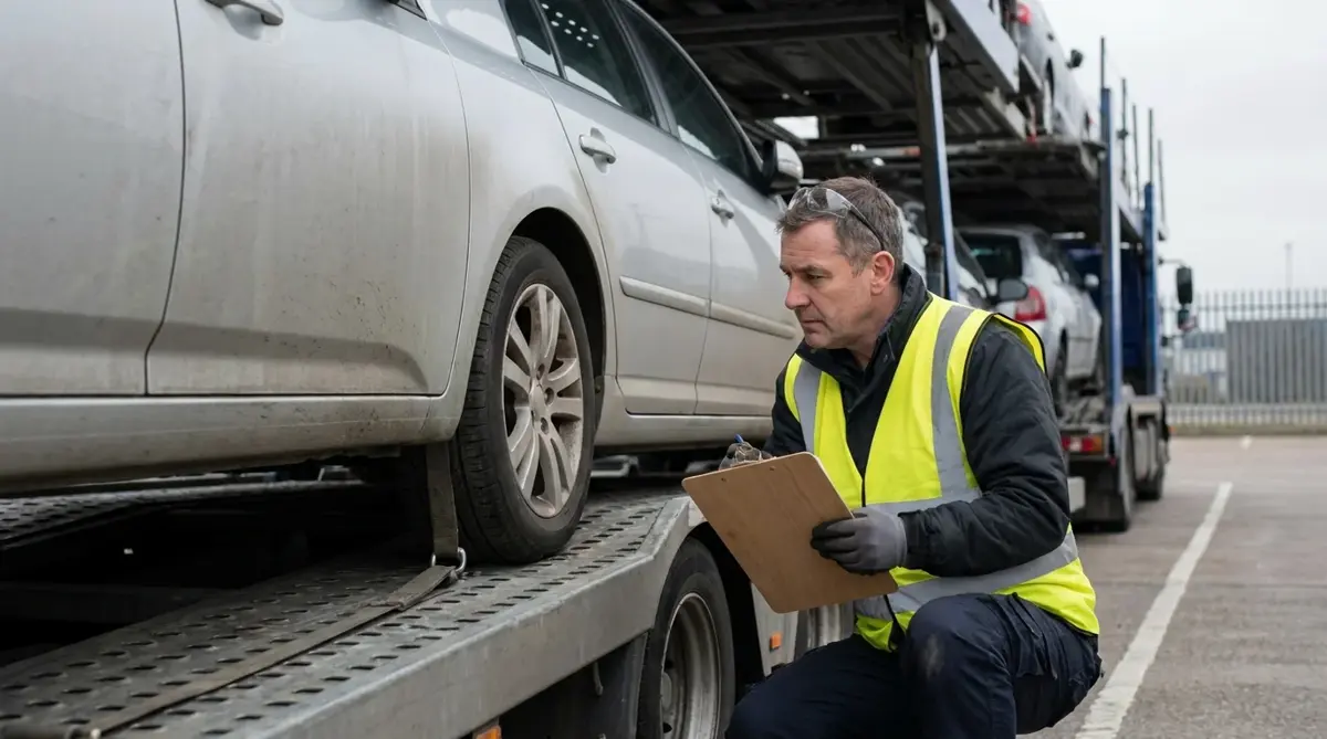 Driver inspecting a vehicle on a carrier with a clipboard