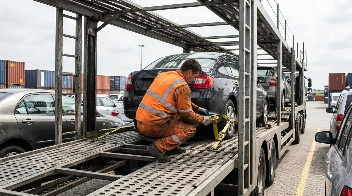 Vehicle being secured on the lower deck of a carrier