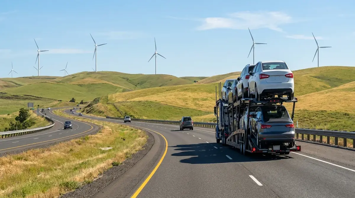 Car carrier on a highway with wind turbines in the distance