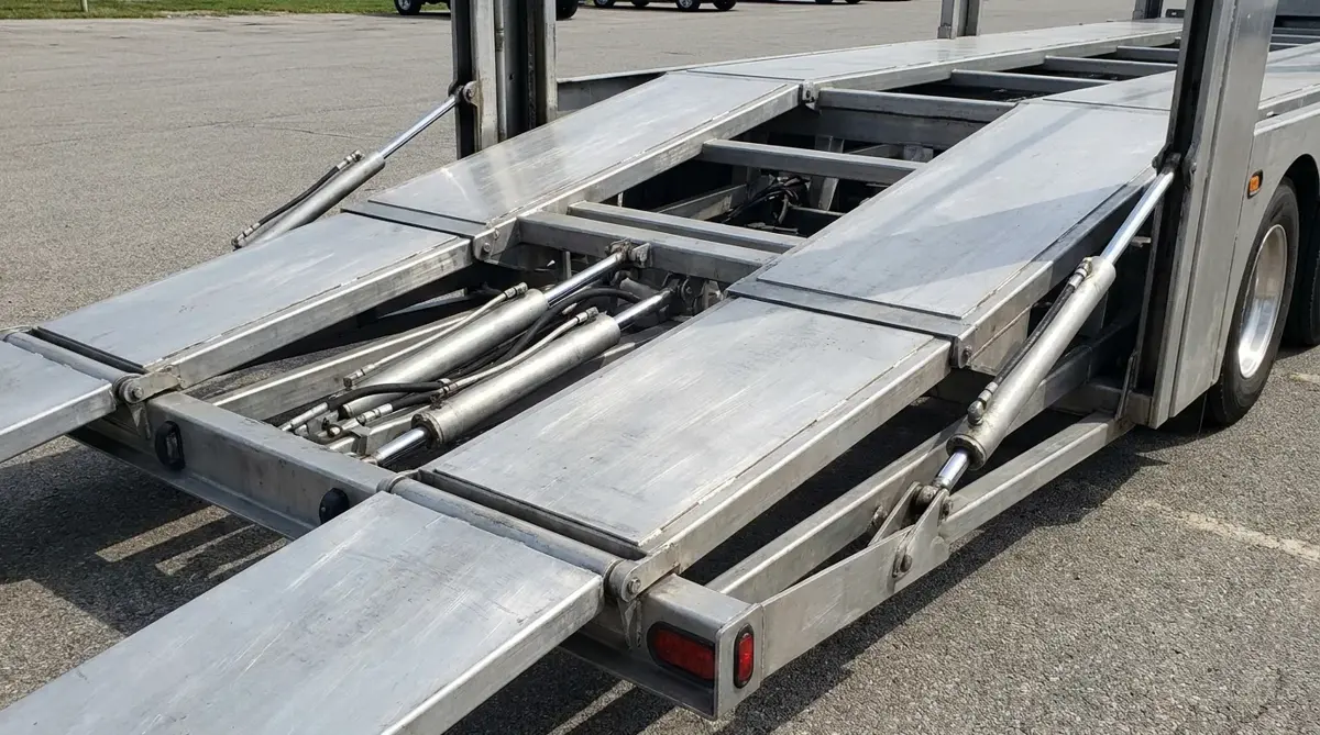 Close-up of an open carrier's steel deck and hydraulics