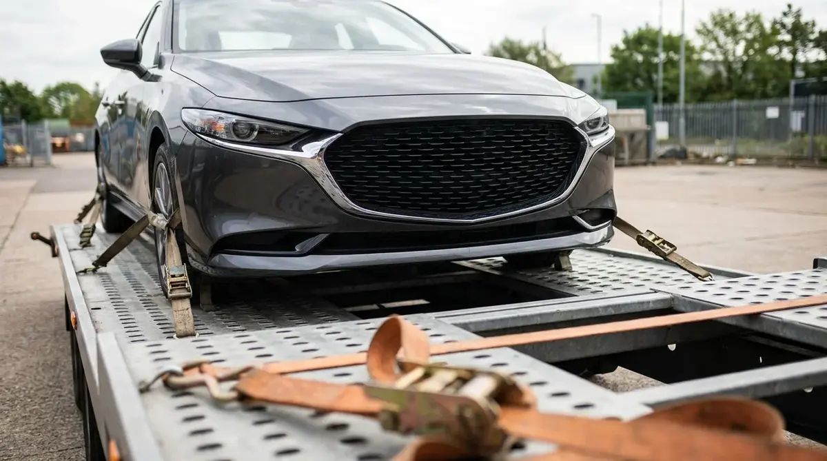 Close-up of a vehicle headlight on a loaded carrier