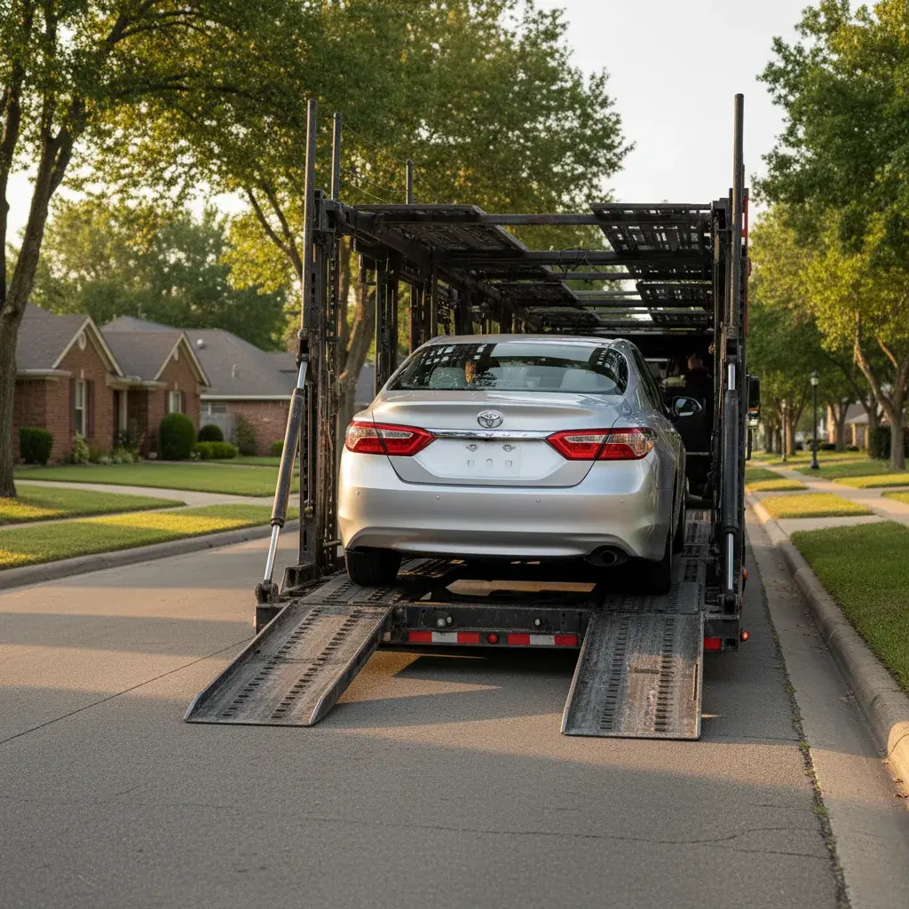 An open auto transport truck providing door-to-door vehicle shipping services