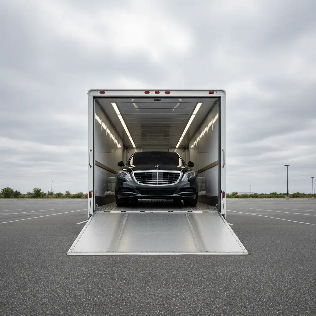 An enclosed auto transport trailer with a hydraulic lift gate loading a luxury vehicle