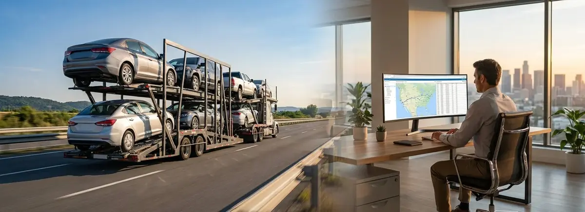 Auto transport carrier on highway and broker coordinating shipments