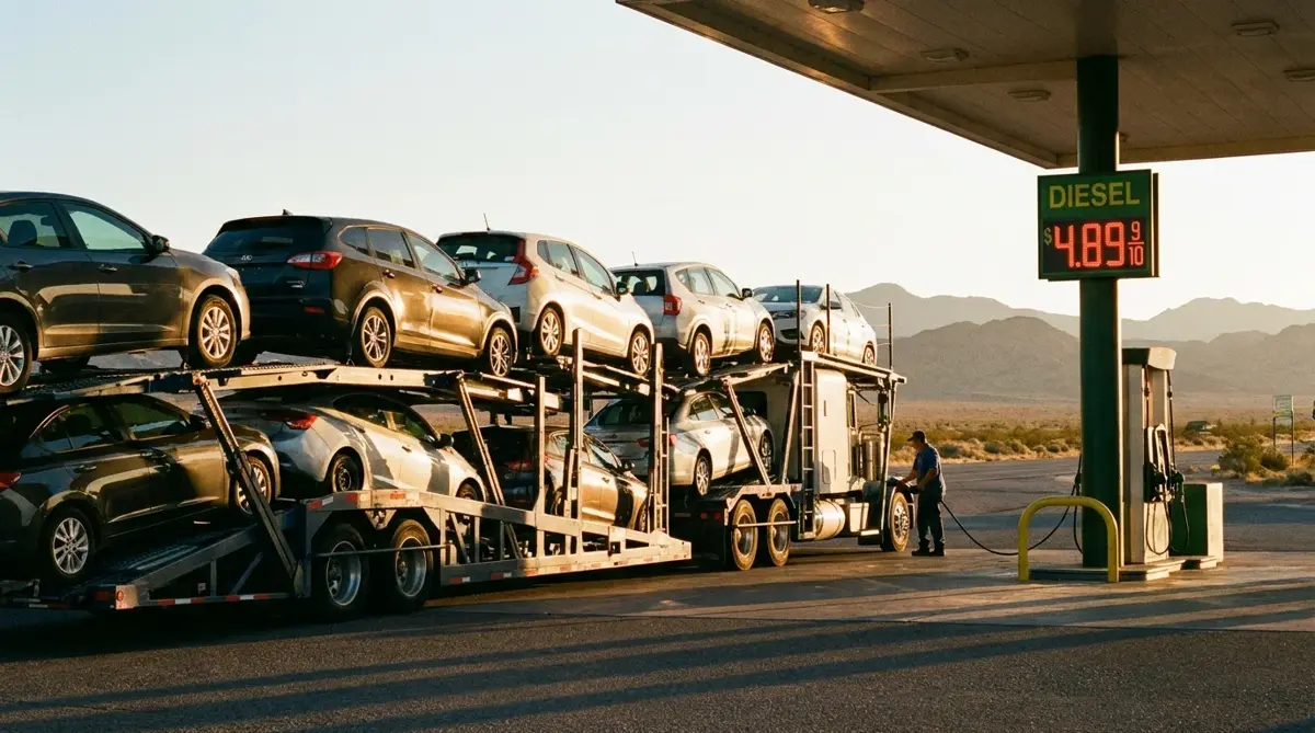 Car carrier truck refueling at a diesel station