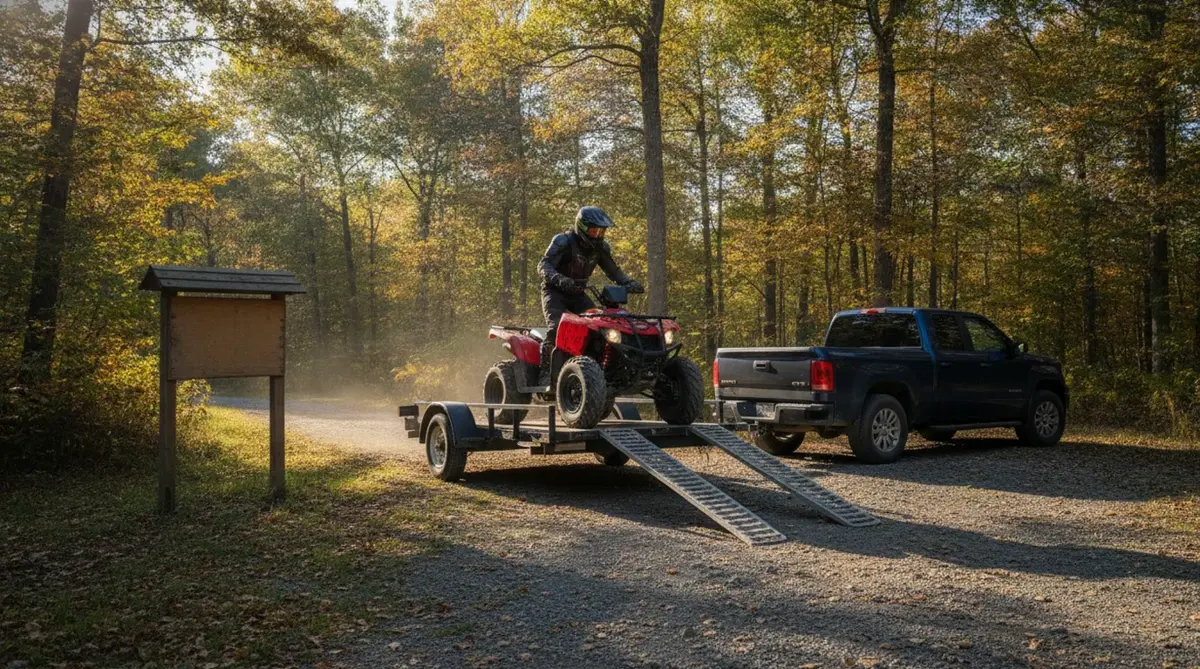 Rider loading a red ATV onto a trailer at a wooded trailhead