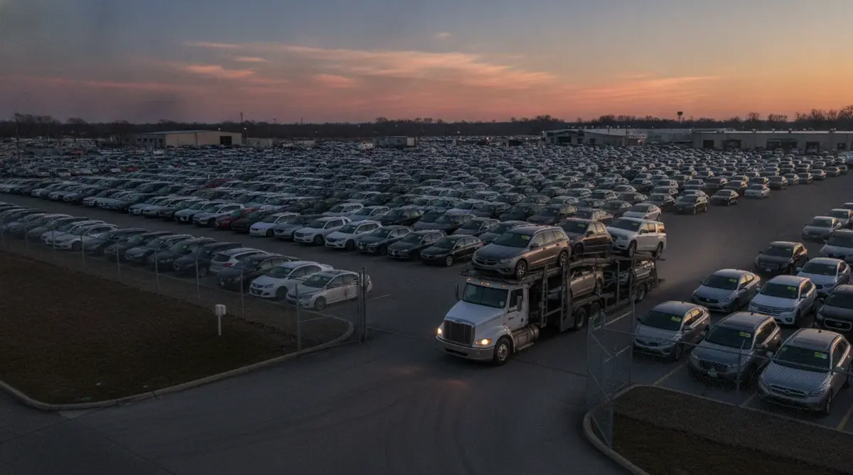 Car carrier leaving a large vehicle auction lot at dusk