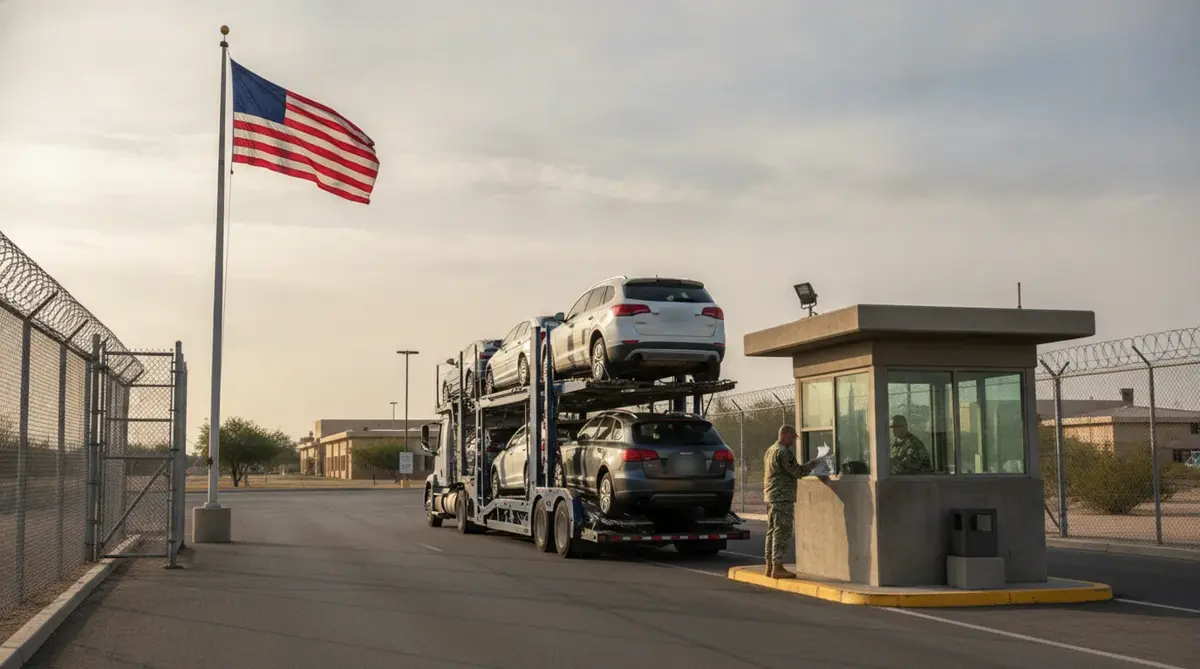 Car carrier stopped at a military base visitor gate