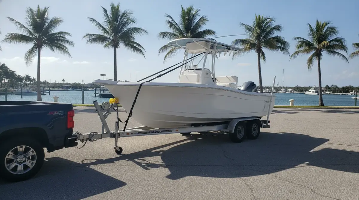 A center-console boat on its trailer hitched to a pickup in a marina parking lot