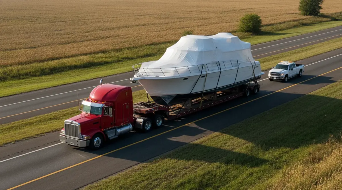 Shrink-wrapped cabin cruiser on a boat trailer pulled by a semi truck