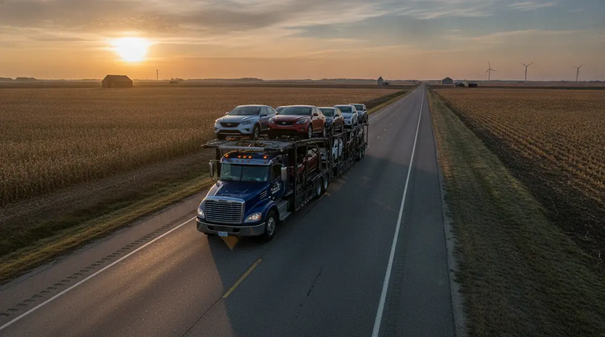 A loaded open car carrier on a two-lane highway through farmland at sunrise