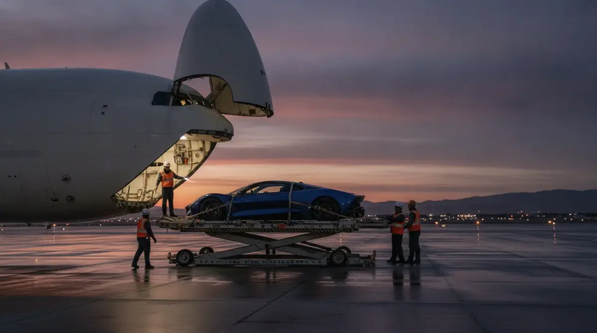 A sports car on a loader being moved into the nose of a cargo airplane at dusk