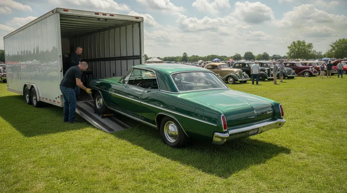 A green classic coupe being unloaded from an enclosed trailer at an outdoor car show