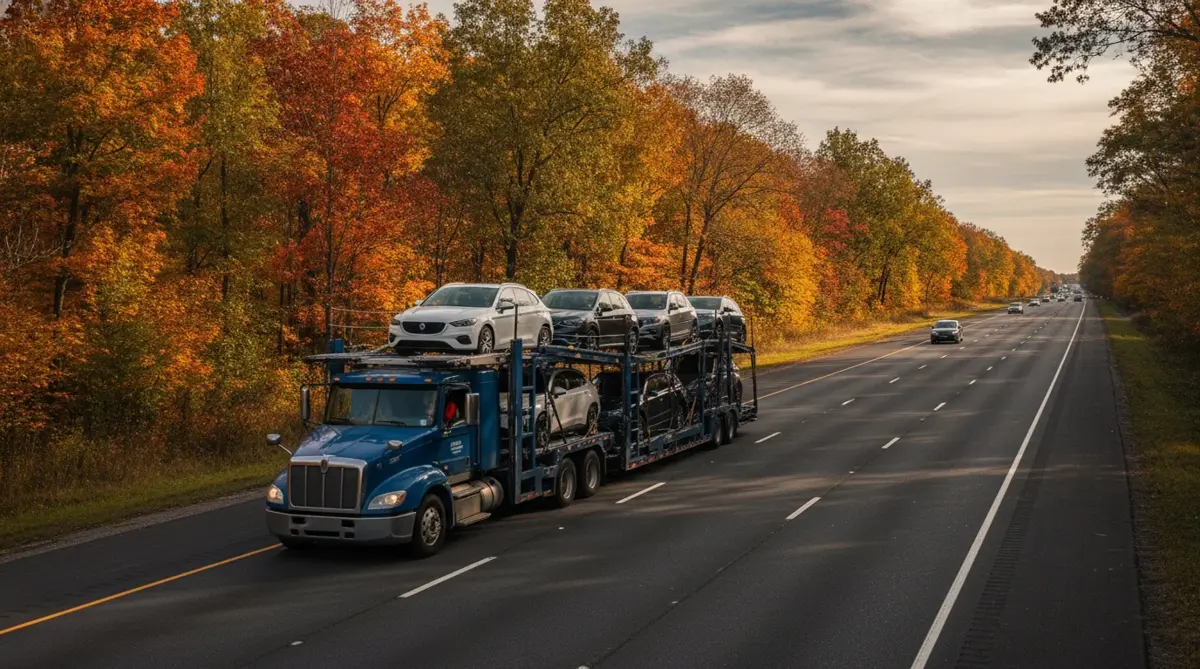 A loaded car carrier on a highway lined with autumn trees