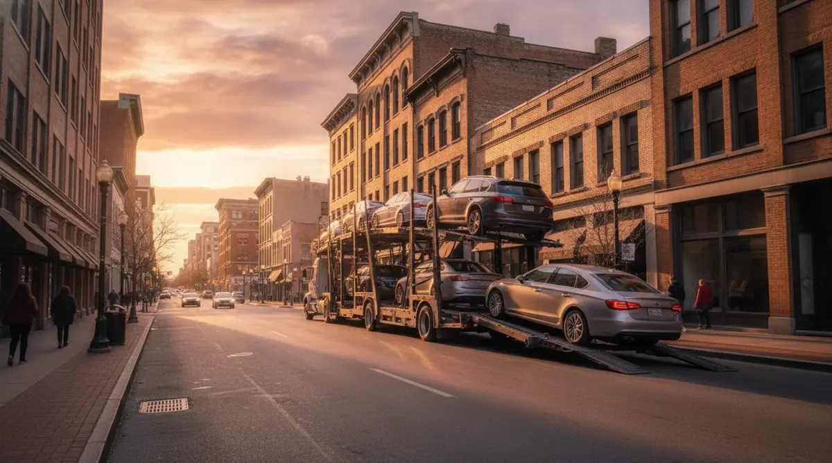 A car carrier unloading a sedan on a downtown brick street at sunset