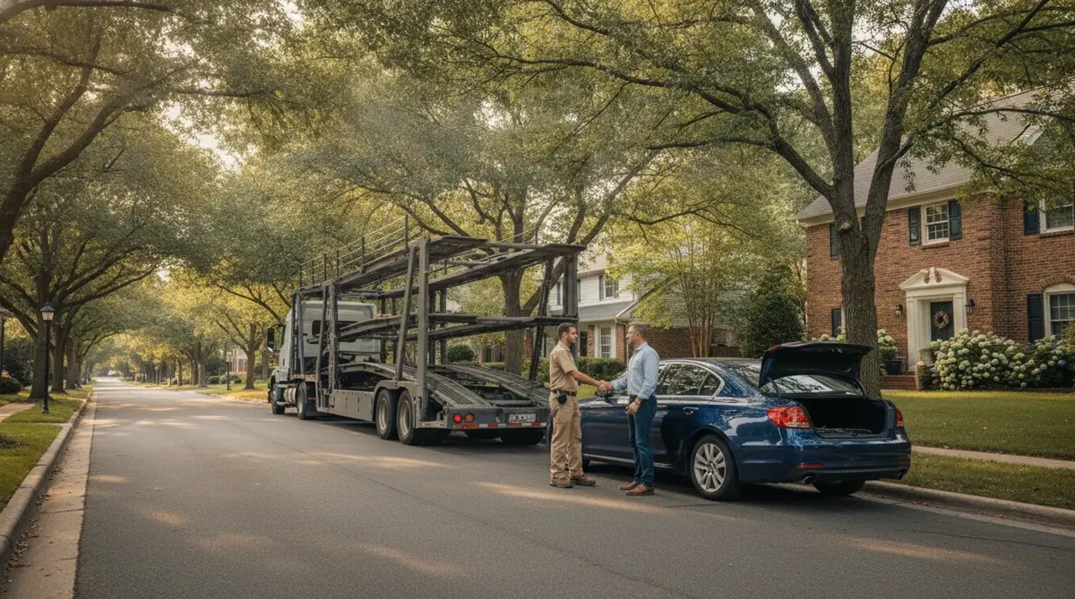 A car carrier parked on a tree-lined street while the driver greets a car owner