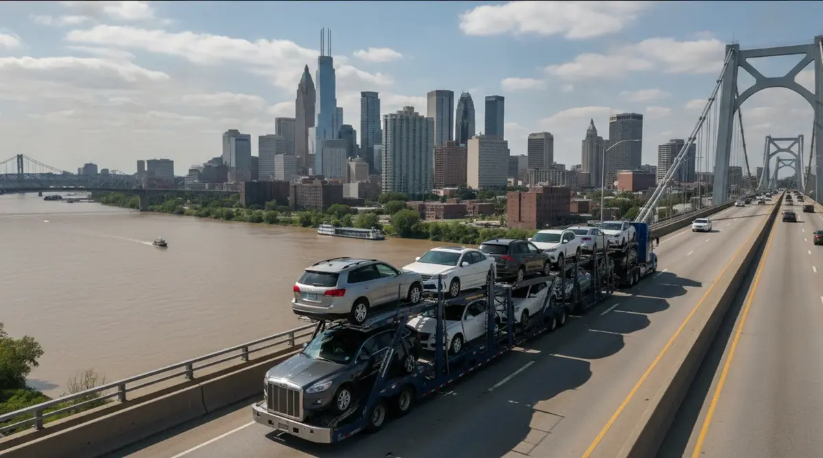 A loaded car carrier crossing a river bridge with a city skyline behind