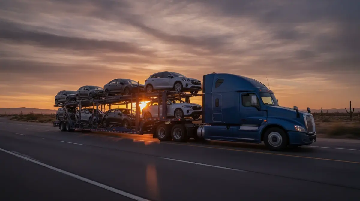 Loaded car carrier on a desert highway at sunset