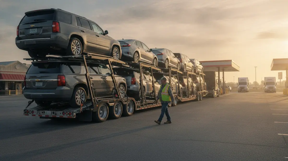 A loaded ten-car carrier at a truck stop at sunrise while the driver checks the straps