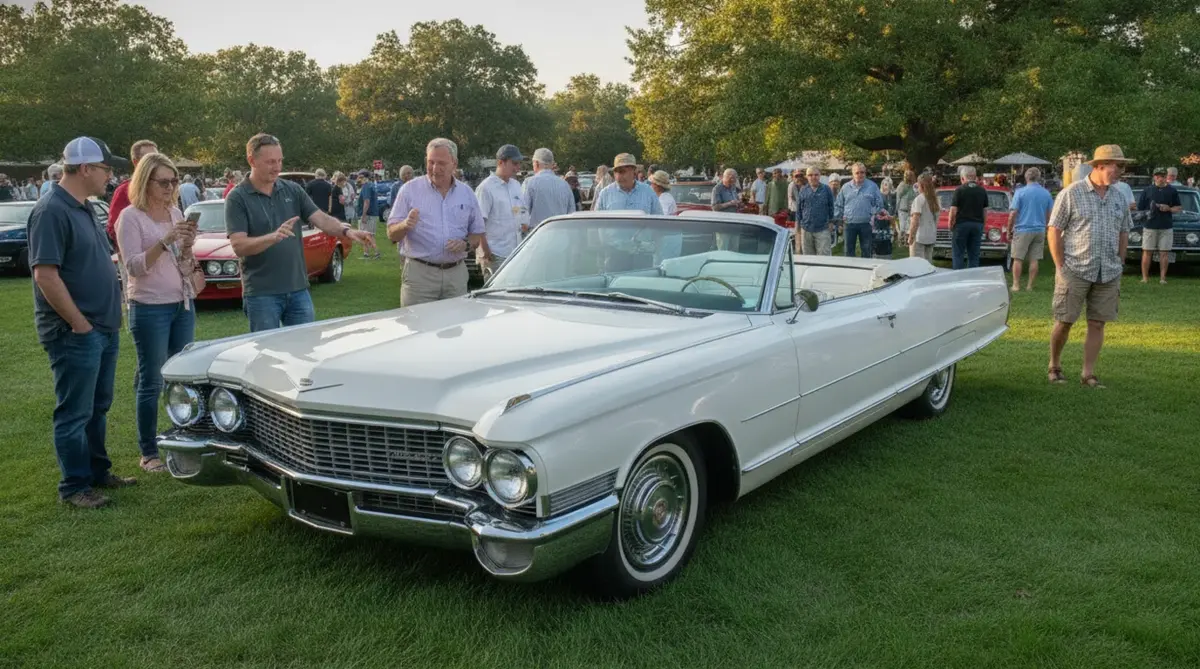 Classic white convertible on display at an outdoor car show
