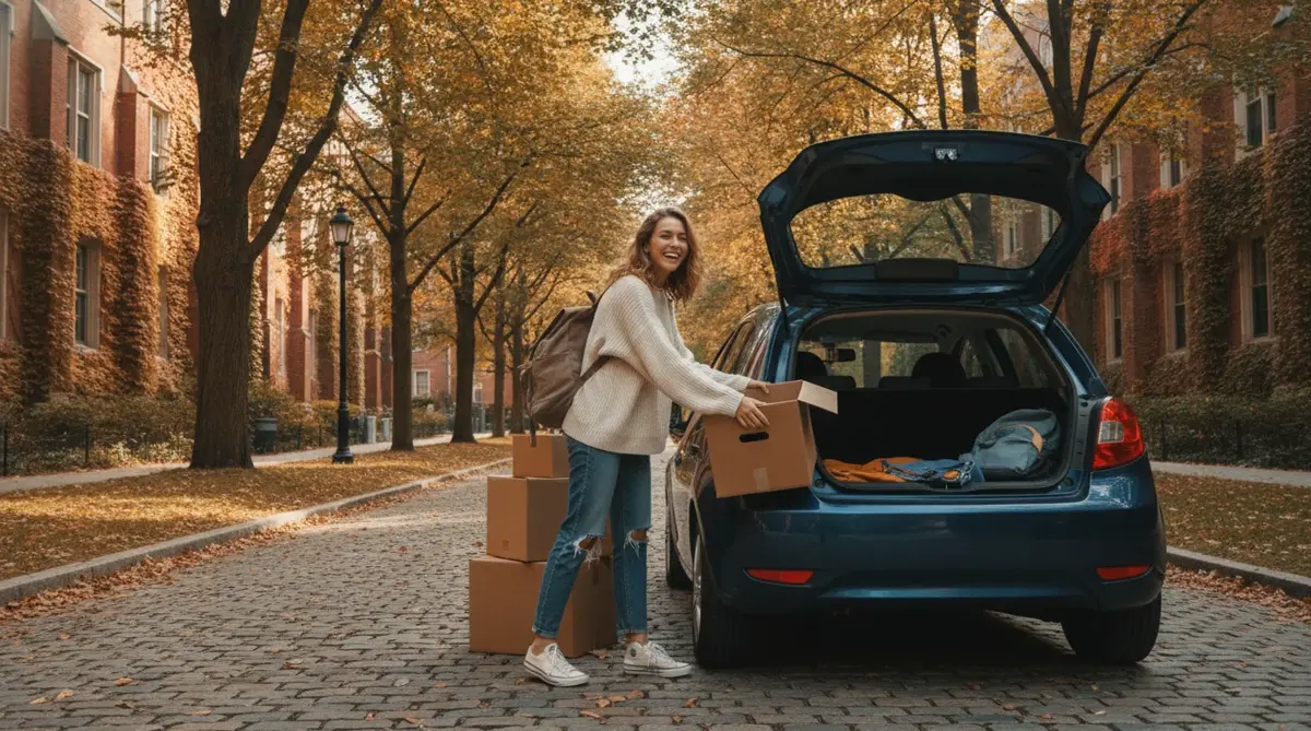 A college student loading boxes into a car on a campus in the fall