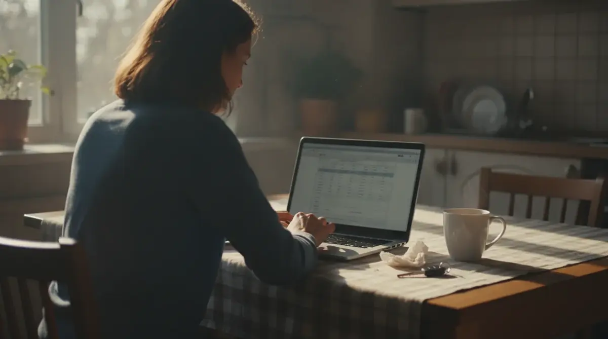 A woman comparing car shipping offers on a laptop at her kitchen table