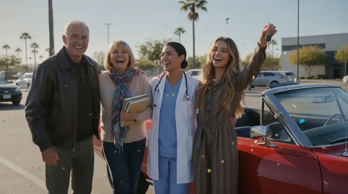 A group of people celebrating beside a red convertible in a sunny parking lot