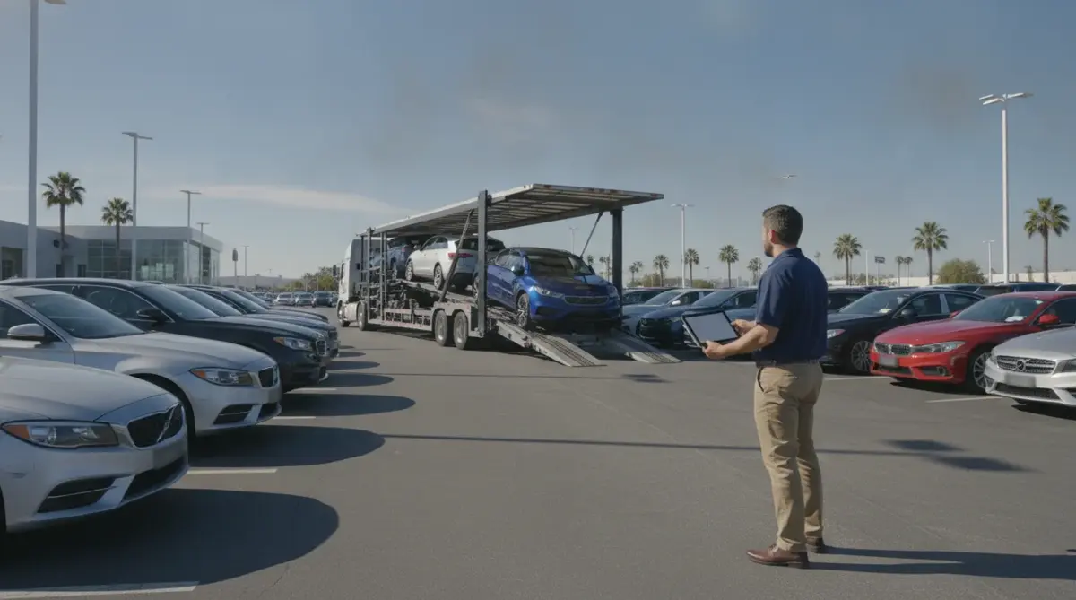A dealership manager with a tablet watching cars unload from a carrier on the lot