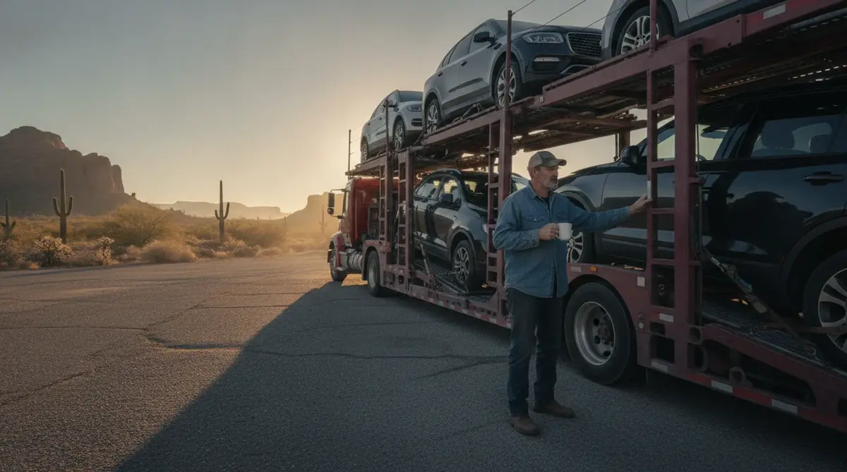Car hauler driver checking the load at a desert rest stop on a cross-country run