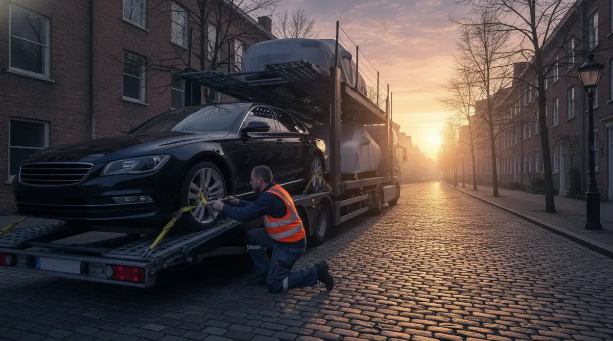 A driver strapping a sedan onto the lower deck of a car carrier at dawn