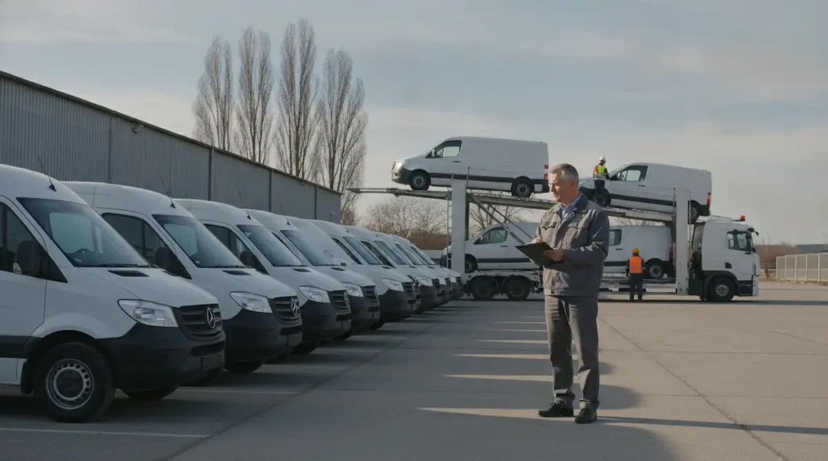 Fleet manager checking a row of white cargo vans before loading