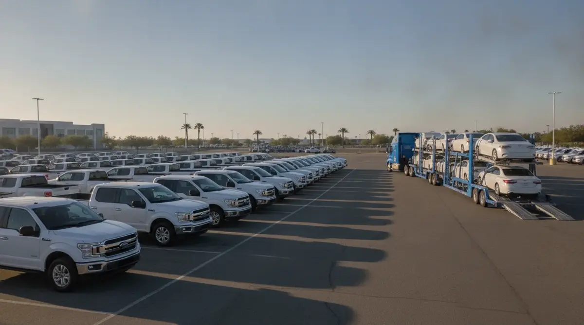 A row of company pickup trucks in a fleet yard with a loaded car carrier arriving