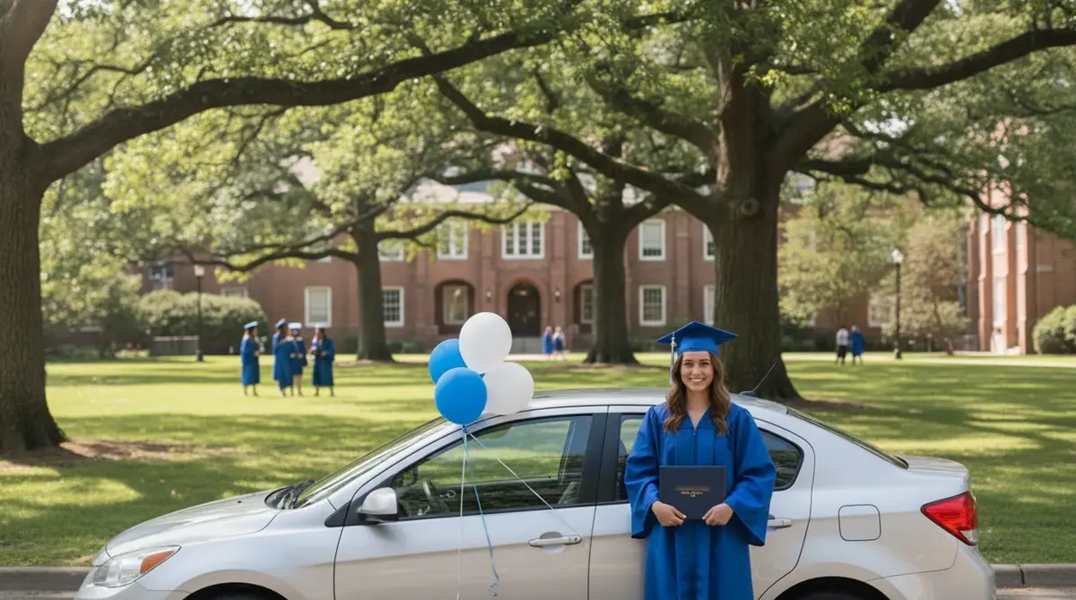 College graduate in cap and gown standing beside her car on campus