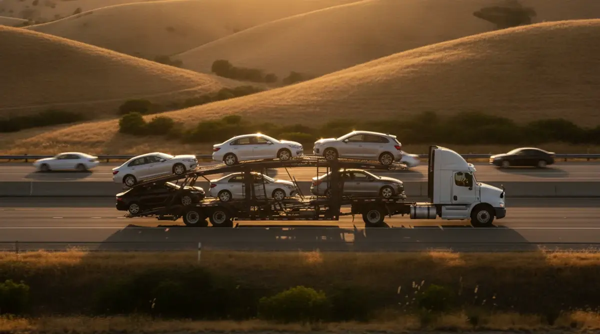 A loaded open car carrier driving through western hills at golden hour, illustrating how long it takes to ship a car