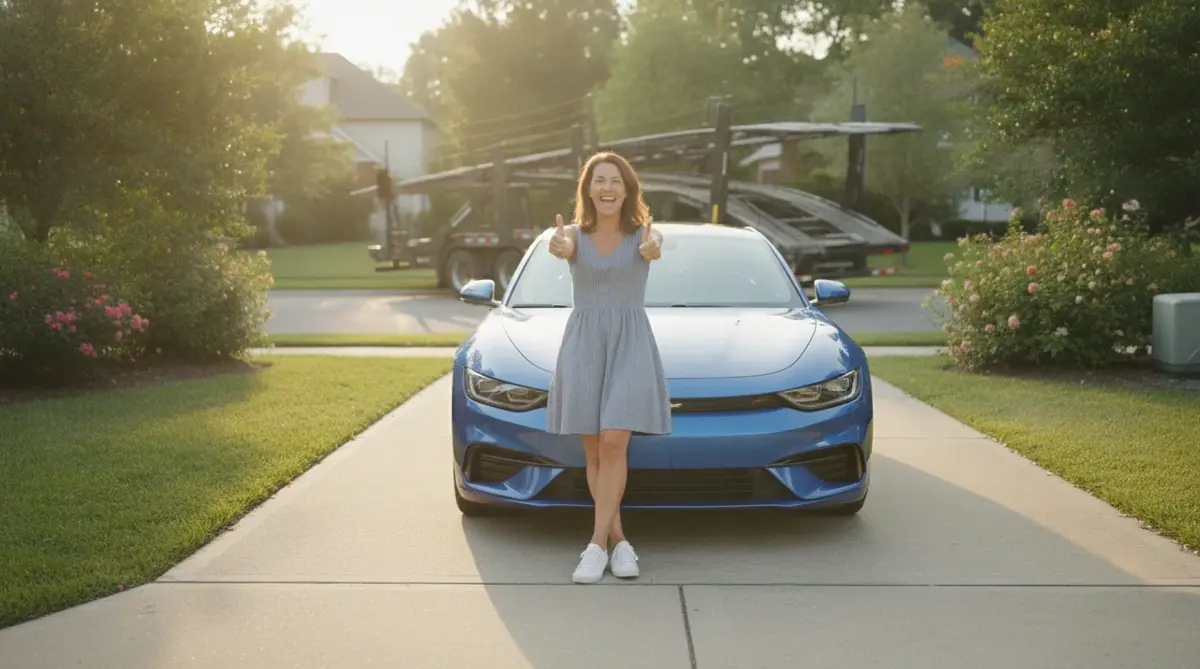 A happy customer standing with her newly delivered car in the driveway
