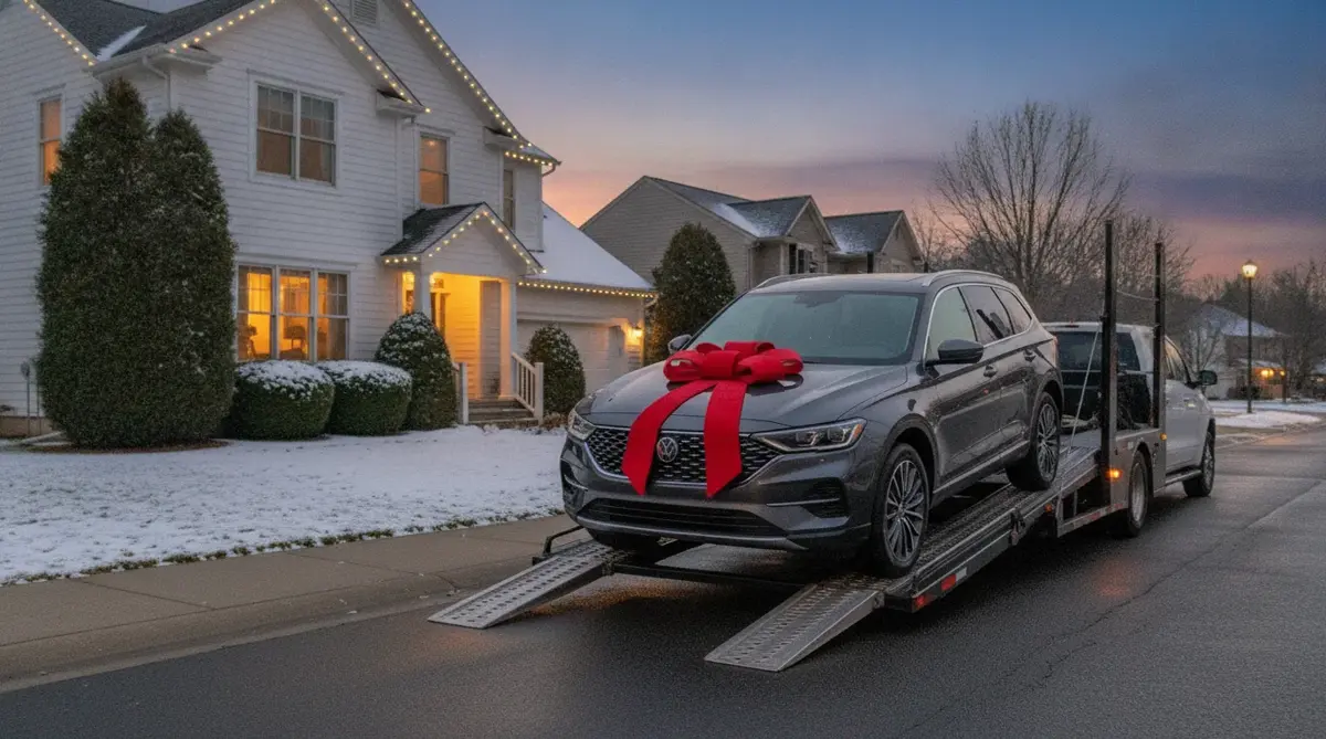 An SUV with a red bow being delivered on a trailer in front of a house with holiday lights